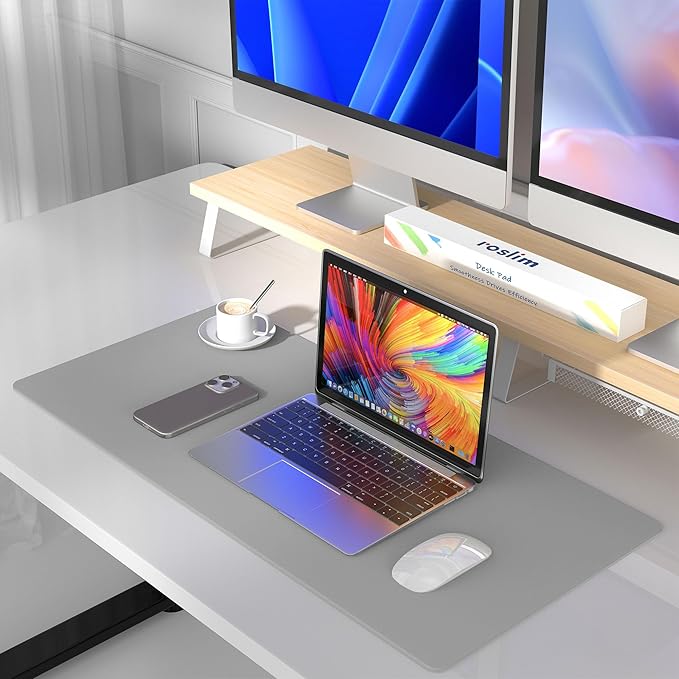 Leather Desk Pad Protector, Mouse Pad, Non - Slip Computer Mat for Desk, PU Leather Office Desk Mat for Home & Office, Waterproof Laptop Desk Blotter Pad for Keyboard and Mouse, Grey (13.7''X23.6'') | Desk Pads Blotters - TrueDesk