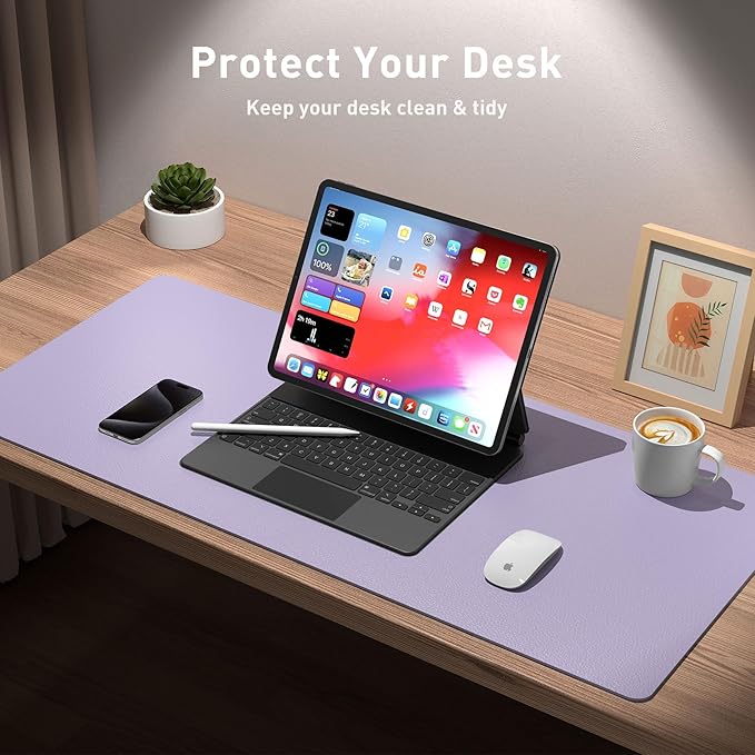 Leather Desk Pad Protector, Mouse Pad, Office Desk Mat, Non - Slip PU Leather Desk Blotter, Laptop Desk Pad, Waterproof Desk Writing Pad for Office and Home (48"x17", Lavender) | Mouse Pads - TrueDesk