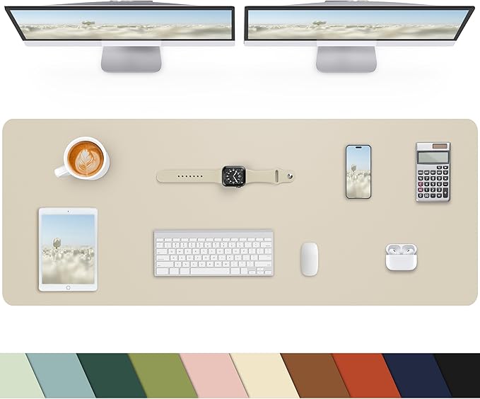 Leather Desk Pad Protector, Office Desk Mat, Large Mouse Pad, Non - Slip Desk Blotter, Laptop Desk Pad, Computer pad,Waterproof Desk Accessories for Office and Home(Beige, 48" x 17") | Desk Pads Blotters - TrueDesk