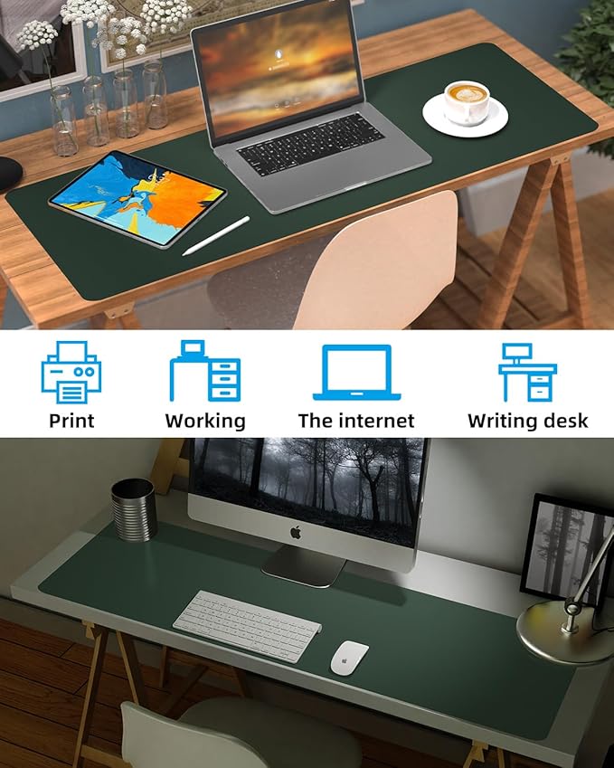Leather Desk Pad Protector, Office Desk Mat, Large Mouse Pad, Non - Slip PU Leather Desk Blotter, Laptop Desk Pad, Waterproof Writing Pad for Office/Home/Decor (Dark Green, 40" x 17") | Desk Pads Blotters - TrueDesk