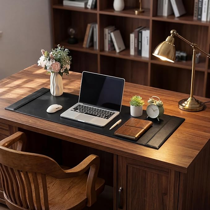 Leather Desk Pad Protector with Side Rails, Executive Office Desk Mat for Home Workspace, Writing Surface, Mouse & Keyboard Pad, Elegant Gift for Men Dad Husband(Black,47.2 x 17 Inch) | Desk Pads Blotters - TrueDesk