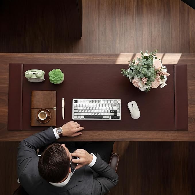 Leather Desk Pad Protector with Side Rails, Executive Office Desk Mat for Home Workspace, Writing Surface, Mouse & Keyboard Pad, Elegant Gift for Men Dad Husband(Brown,47.2 x 17 Inch) | Desk Pads Blotters - TrueDesk