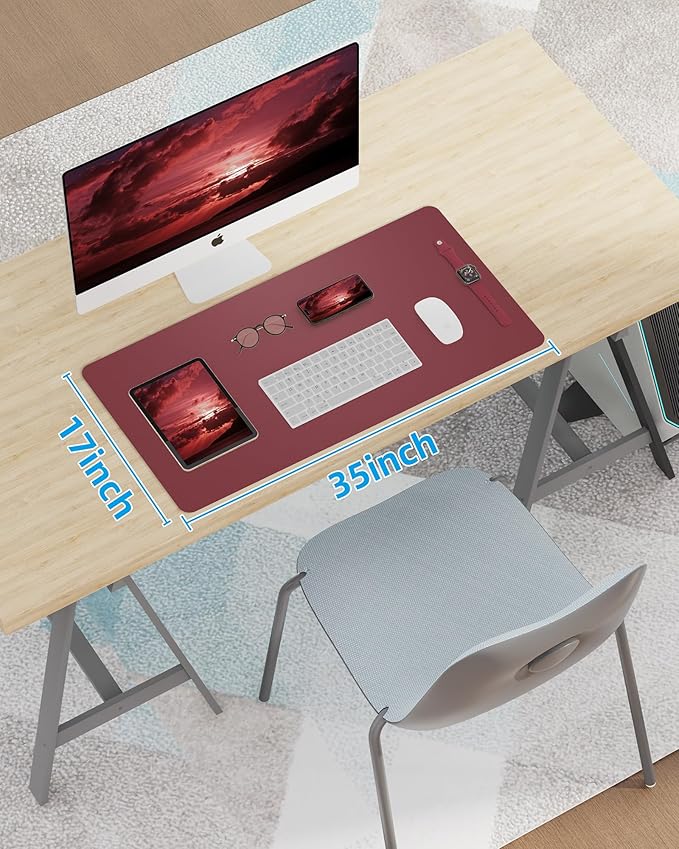 Leather Desk Pad Protector,Mouse Pad,Office Desk Mat, Non - Slip PU Leather Desk Blotter,Large Desk mat,Waterproof Keyboard mat for Office/Home/Decor (Burgundy Red,35" x 17") | Desk Pads Blotters - TrueDesk
