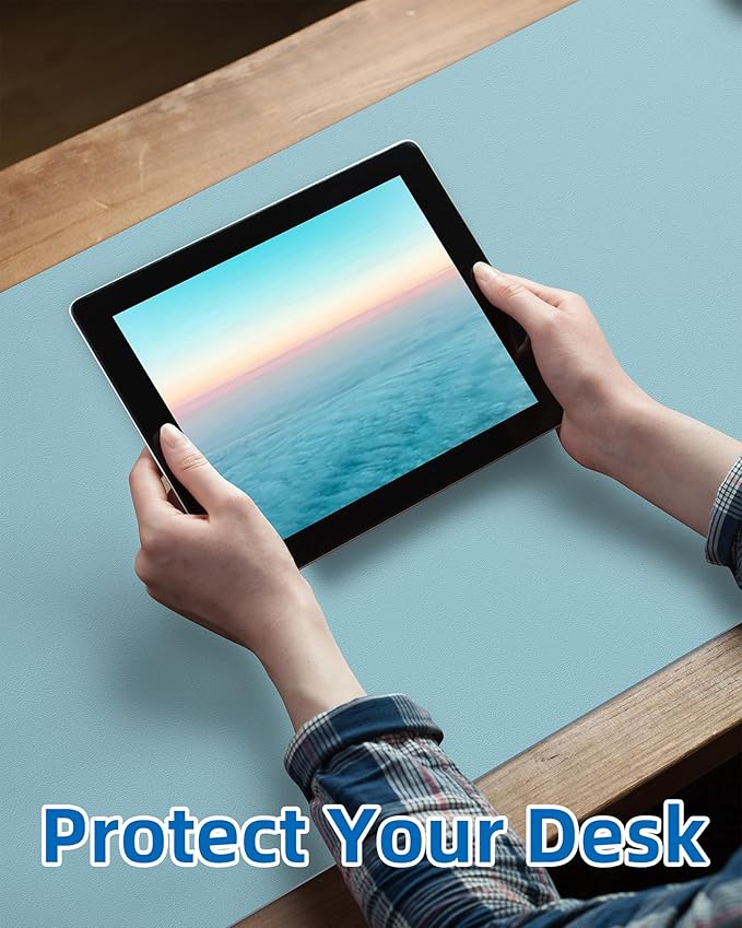 Leather Desk Pad Protector,Mouse Pad,Office Desk Mat, Non - Slip PU Leather Desk Blotter,Large Desk mat,Waterproof Keyboard mat for Office/Home/Decor (Light Blue,55" x 17") | Desk Pads Blotters - TrueDesk