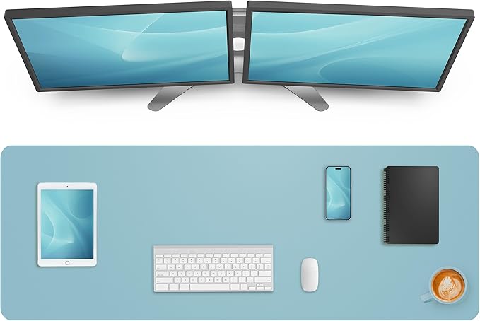 Leather Desk Pad Protector,Mouse Pad,Office Desk Mat, Non - Slip PU Leather Desk Blotter,Large Desk mat,Waterproof Keyboard mat for Office/Home/Decor (Light Blue,55" x 17") | Desk Pads Blotters - TrueDesk