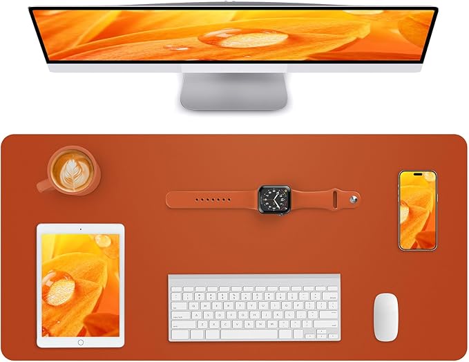 Leather Desk Pad Protector,Mouse Pad,Office Desk Mat, Non - Slip PU Leather Desk Blotter,Large Desk mat,Waterproof Keyboard mat for Office/Home/Decor (Orange,35" x 17") | Desk Pads Blotters - TrueDesk