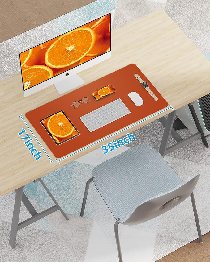 Leather Desk Pad Protector,Mouse Pad,Office Desk Mat, Non - Slip PU Leather Desk Blotter,Large Desk mat,Waterproof Keyboard mat for Office/Home/Decor (Orange,35" x 17") | Desk Pads Blotters - TrueDesk