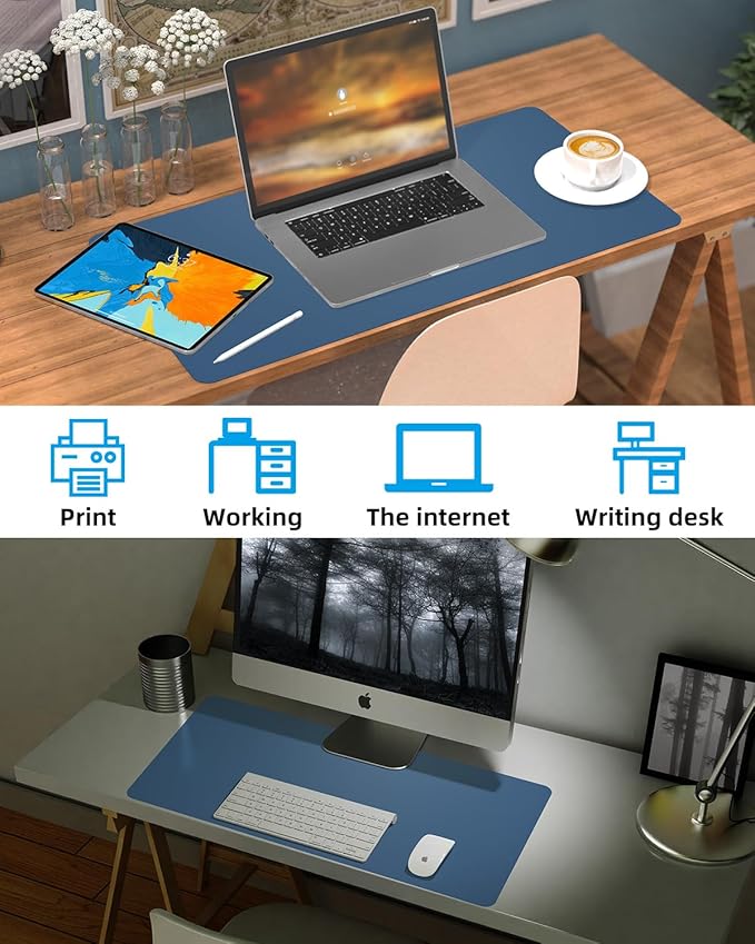 Leather Desk Protector, Non - Slip PU Laptop Mat, Waterproof Writing Pad for Office/Home (31.5"x15.7", Grey Blue) | Desk Pads Blotters - TrueDesk