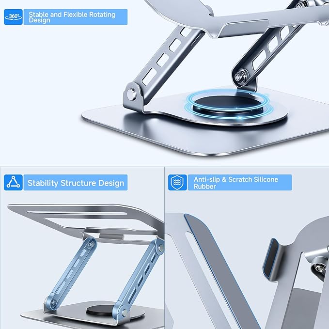 Leeboom Ergonomic Laptop Stand for Desk, 360° Rotating Aluminum Laptop Riser, Adjustable Notebook Holder for MacBook Air/Pro, Dell, HP, Lenovo (10–15.6", Silver) – Not for Gaming Laptops | Stands - TrueDesk
