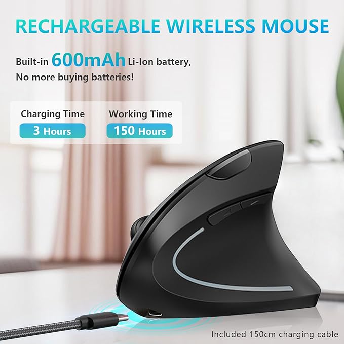 Lekvey Ergonomic Mouse, USB C Wireless Vertical Mouse, Dual Mode Rechargeable USB - A & Type - C Ergo Mouse, 1600 DPI, Relieves Wrist Pain and Carpal Tunnel, for Laptop Computer Mac MacBook PC, Black | Mice - TrueDesk