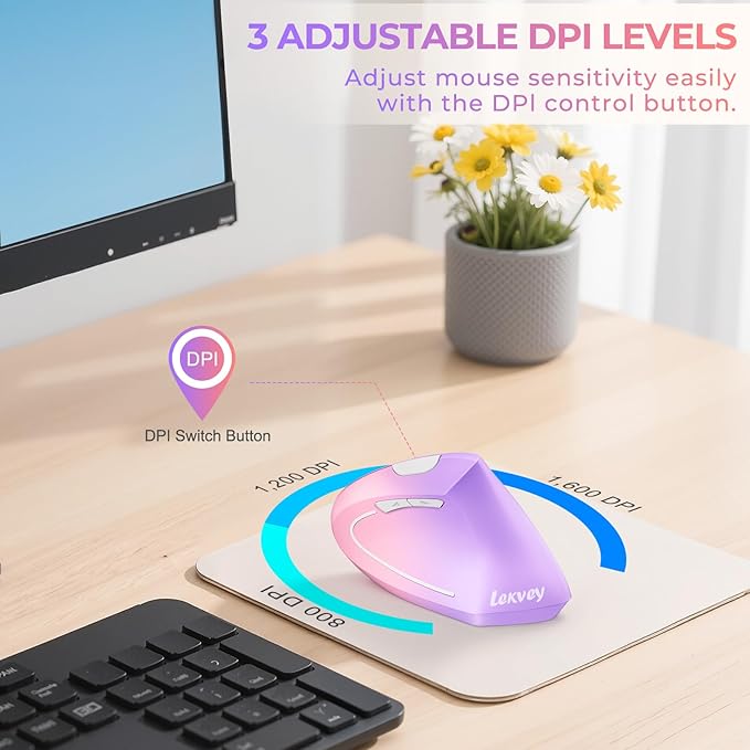 Lekvey Ergonomic Mouse, USB C Wireless Vertical Mouse, Dual Mode Rechargeable USB - A & Type - C Ergo Mouse, 1600 DPI, Relieves Wrist Pain and Carpal Tunnel, for Laptop Computer Mac MacBook, Pink Purple | Mice - TrueDesk