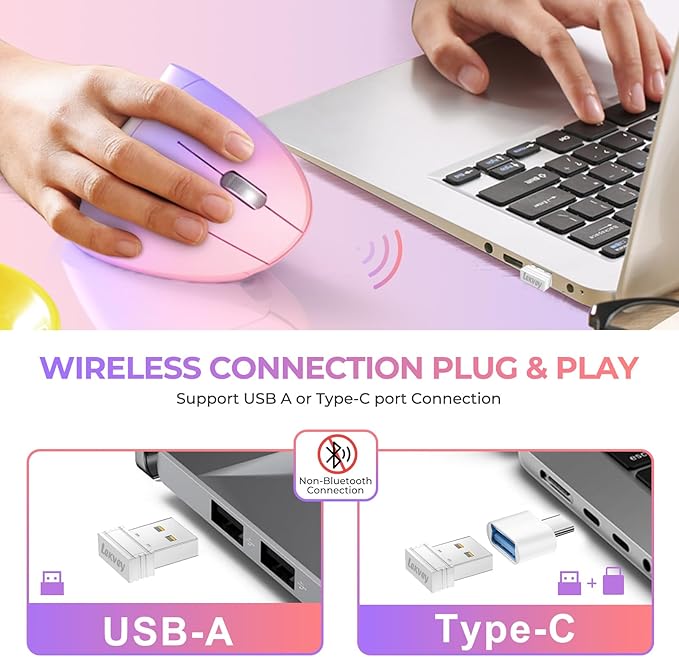 Lekvey Ergonomic Mouse, USB C Wireless Vertical Mouse, Dual Mode Rechargeable USB - A & Type - C Ergo Mouse, 1600 DPI, Relieves Wrist Pain and Carpal Tunnel, for Laptop Computer Mac MacBook, Pink Purple | Mice - TrueDesk