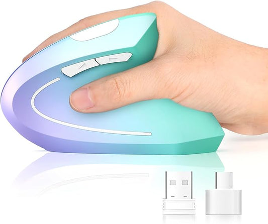 Lekvey Ergonomic Mouse, USB C Wireless Vertical Mouse, Dual Mode Rechargeable USB - A & Type - C Ergo Mouse, 1600 DPI, Relieves Wrist Pain and Carpal Tunnel, for Laptop Computer Mac MacBook, Purple Green | Mice - TrueDesk