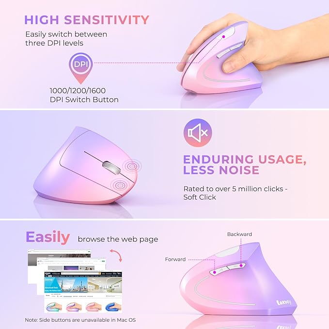 Lekvey Ergonomic Mouse, USB C Wireless Vertical Mouse, Dual Mode Rechargeable USB - A & Type - C Ergo Mouse, 1600 DPI, Relieves Wrist Pain and Carpal Tunnel, for Laptop Computer Mac MacBook, Pink Purple | Mice - TrueDesk