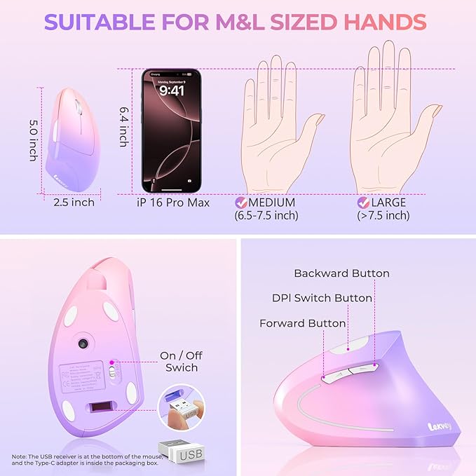 Lekvey Ergonomic Mouse, USB C Wireless Vertical Mouse, Dual Mode Rechargeable USB - A & Type - C Ergo Mouse, 1600 DPI, Relieves Wrist Pain and Carpal Tunnel, for Laptop Computer Mac MacBook, Pink Purple | Mice - TrueDesk