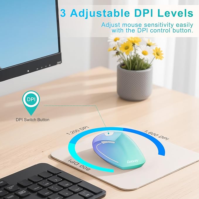 Lekvey Ergonomic Mouse, USB C Wireless Vertical Mouse, Dual Mode Rechargeable USB - A & Type - C Ergo Mouse, 1600 DPI, Relieves Wrist Pain and Carpal Tunnel, for Laptop Computer Mac MacBook, Purple Green | Mice - TrueDesk