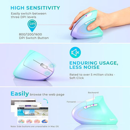 Lekvey Ergonomic Mouse, USB C Wireless Vertical Mouse, Dual Mode Rechargeable USB - A & Type - C Ergo Mouse, 1600 DPI, Relieves Wrist Pain and Carpal Tunnel, for Laptop Computer Mac MacBook, Purple Green | Mice - TrueDesk