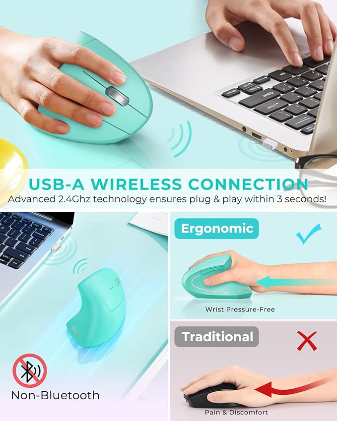 Lekvey Ergonomic Mouse, Vertical Wireless Mouse Rechargeable 2.4 GHz Optical Carpal Tunnel Mouse : 800/1200 / 1600 DPI, 6 Buttons, for Laptop, PC, Mac, Computer, Desktop, Notebook etc, Green | Mice - TrueDesk