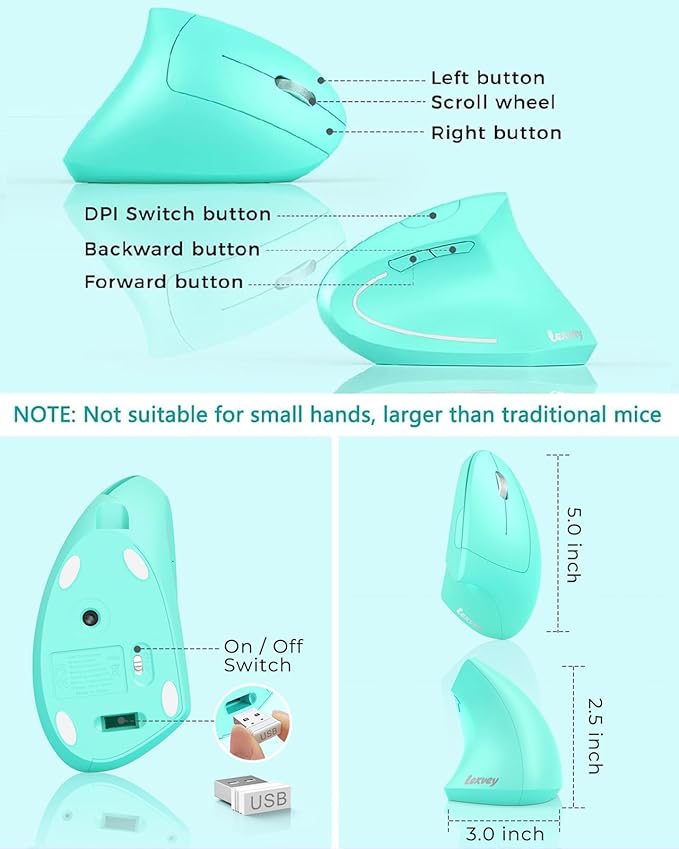 Lekvey Ergonomic Mouse, Vertical Wireless Mouse Rechargeable 2.4 GHz Optical Carpal Tunnel Mouse : 800/1200 / 1600 DPI, 6 Buttons, for Laptop, PC, Mac, Computer, Desktop, Notebook etc, Green | Mice - TrueDesk