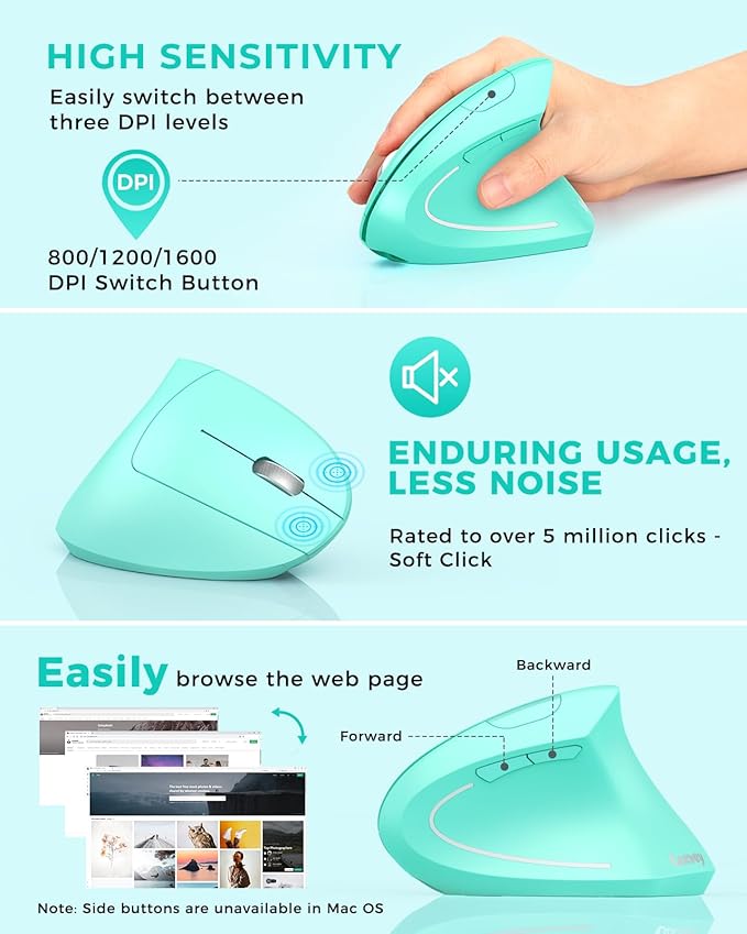 Lekvey Ergonomic Mouse, Vertical Wireless Mouse Rechargeable 2.4 GHz Optical Carpal Tunnel Mouse : 800/1200 / 1600 DPI, 6 Buttons, for Laptop, PC, Mac, Computer, Desktop, Notebook etc, Green | Mice - TrueDesk