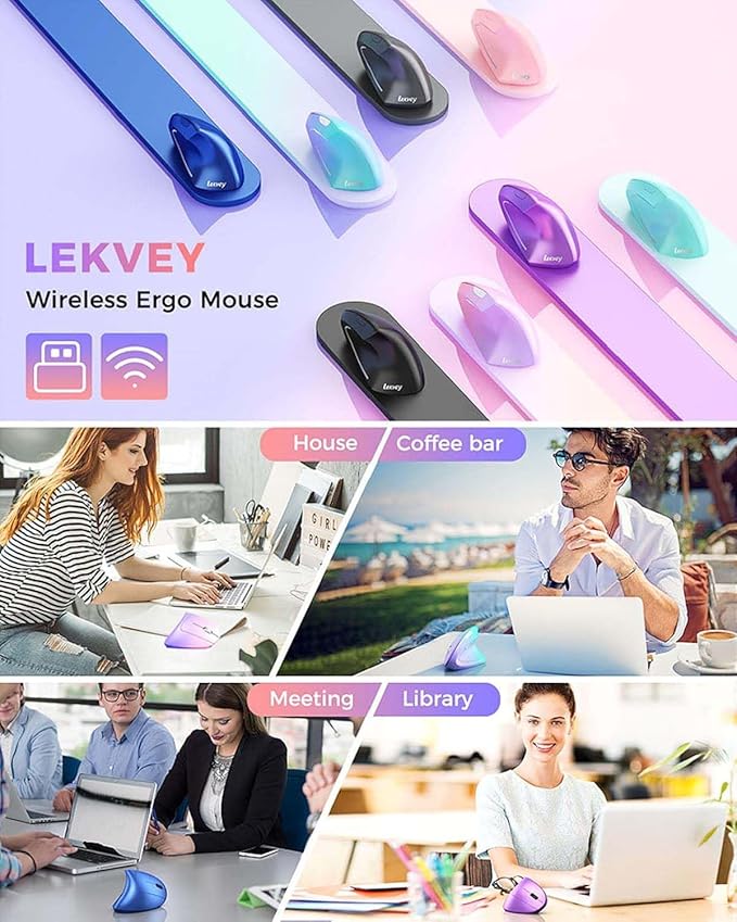 Lekvey Ergonomic Mouse, Vertical Wireless Mouse Rechargeable 2.4 GHz Optical Carpal Tunnel Mouse : 800/1200/1600 DPI, 6 Buttons, for Laptop, PC, Mac, Computer, Desktop, Notebook etc, Pink to Purple | Mice - TrueDesk