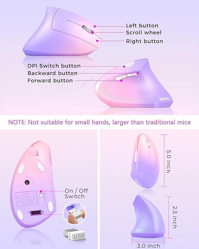 Lekvey Ergonomic Mouse, Vertical Wireless Mouse Rechargeable 2.4 GHz Optical Carpal Tunnel Mouse : 800/1200/1600 DPI, 6 Buttons, for Laptop, PC, Mac, Computer, Desktop, Notebook etc, Pink to Purple | Mice - TrueDesk