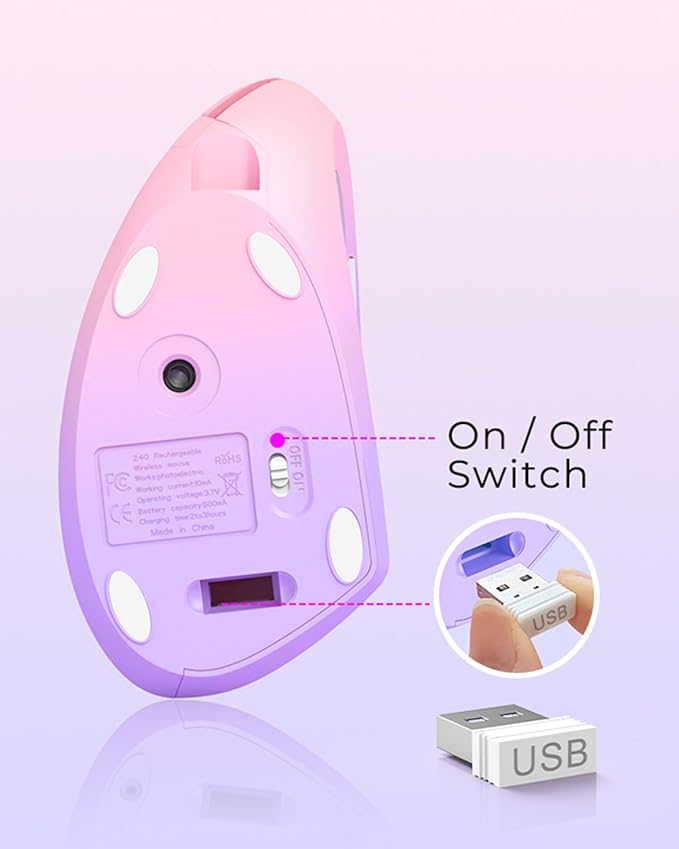 Lekvey Ergonomic Mouse, Vertical Wireless Mouse Rechargeable 2.4 GHz Optical Carpal Tunnel Mouse : 800/1200/1600 DPI, 6 Buttons, for Laptop, PC, Mac, Computer, Desktop, Notebook etc, Pink to Purple | Mice - TrueDesk