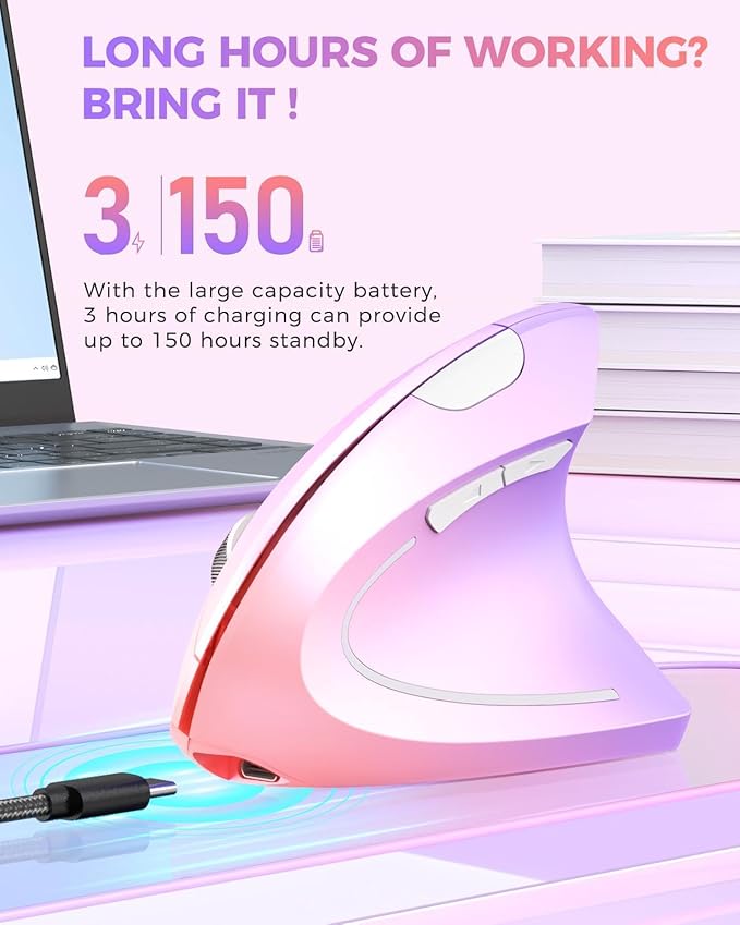 Lekvey Ergonomic Mouse, Vertical Wireless Mouse Rechargeable 2.4 GHz Optical Carpal Tunnel Mouse : 800/1200/1600 DPI, 6 Buttons, for Laptop, PC, Mac, Computer, Desktop, Notebook etc, Pink to Purple | Mice - TrueDesk