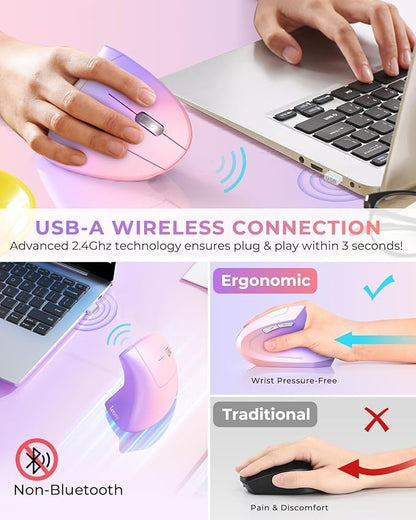 Lekvey Ergonomic Mouse, Vertical Wireless Mouse Rechargeable 2.4 GHz Optical Carpal Tunnel Mouse : 800/1200/1600 DPI, 6 Buttons, for Laptop, PC, Mac, Computer, Desktop, Notebook etc, Pink to Purple | Mice - TrueDesk