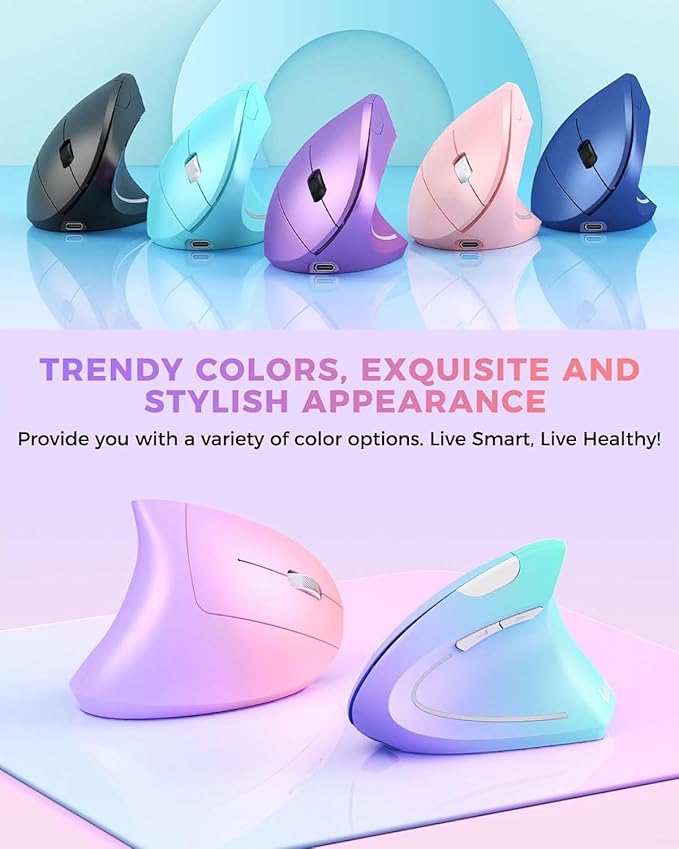 Lekvey Ergonomic Mouse, Vertical Wireless Mouse Rechargeable 2.4 GHz Optical Carpal Tunnel Mouse : 800/1200/1600 DPI, 6 Buttons, for Laptop, PC, Mac, Computer, Desktop, Notebook etc, Pink to Purple | Mice - TrueDesk