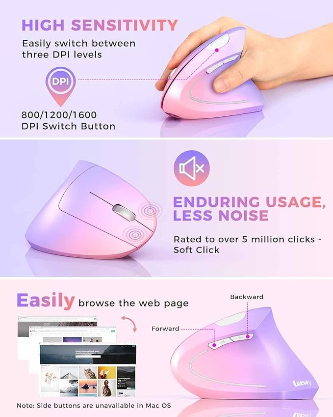 Lekvey Ergonomic Mouse, Vertical Wireless Mouse Rechargeable 2.4 GHz Optical Carpal Tunnel Mouse : 800/1200/1600 DPI, 6 Buttons, for Laptop, PC, Mac, Computer, Desktop, Notebook etc, Pink to Purple | Mice - TrueDesk