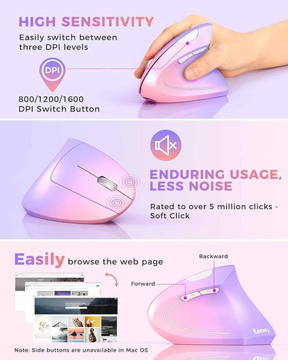 Lekvey Ergonomic Mouse, Vertical Wireless Mouse Rechargeable 2.4 GHz Optical Carpal Tunnel Mouse : 800/1200/1600 DPI, 6 Buttons, for Laptop, PC, Mac, Computer, Desktop, Notebook etc, Pink to Purple | Mice - TrueDesk