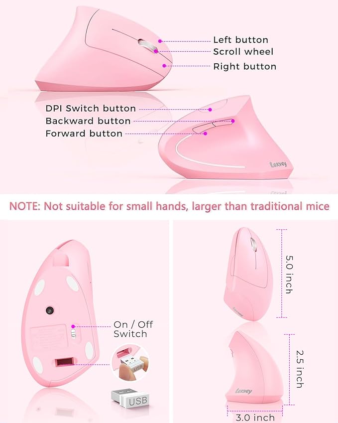 Lekvey Ergonomic Mouse, Vertical Wireless Mouse, Rechargeable 2.4 GHz USB Optical Carpal Tunnel Mice : 800/1200 / 1600 DPI, 6 Buttons, for Laptop, PC, Mac, Computer, Desktop, Notebook etc, Pink | Mice - TrueDesk