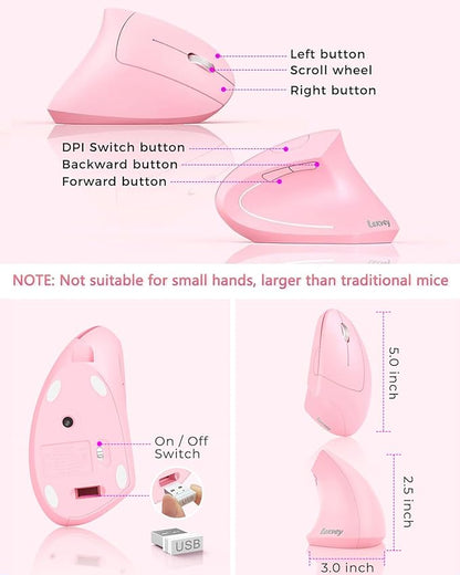 Lekvey Ergonomic Mouse, Vertical Wireless Mouse, Rechargeable 2.4 GHz USB Optical Carpal Tunnel Mice : 800/1200 / 1600 DPI, 6 Buttons, for Laptop, PC, Mac, Computer, Desktop, Notebook etc, Pink | Mice - TrueDesk