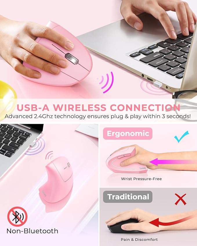 Lekvey Ergonomic Mouse, Vertical Wireless Mouse, Rechargeable 2.4 GHz USB Optical Carpal Tunnel Mice : 800/1200 / 1600 DPI, 6 Buttons, for Laptop, PC, Mac, Computer, Desktop, Notebook etc, Pink | Mice - TrueDesk