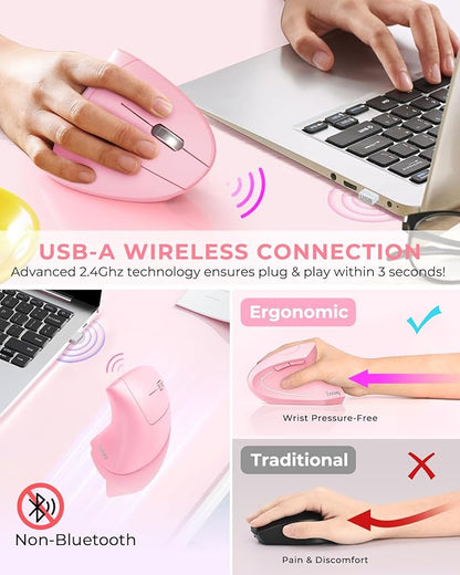 Lekvey Ergonomic Mouse, Vertical Wireless Mouse, Rechargeable 2.4 GHz USB Optical Carpal Tunnel Mice : 800/1200 / 1600 DPI, 6 Buttons, for Laptop, PC, Mac, Computer, Desktop, Notebook etc, Pink | Mice - TrueDesk