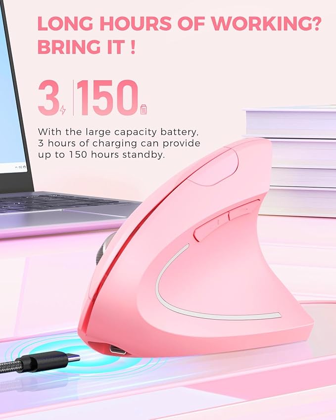 Lekvey Ergonomic Mouse, Vertical Wireless Mouse, Rechargeable 2.4 GHz USB Optical Carpal Tunnel Mice : 800/1200 / 1600 DPI, 6 Buttons, for Laptop, PC, Mac, Computer, Desktop, Notebook etc, Pink | Mice - TrueDesk