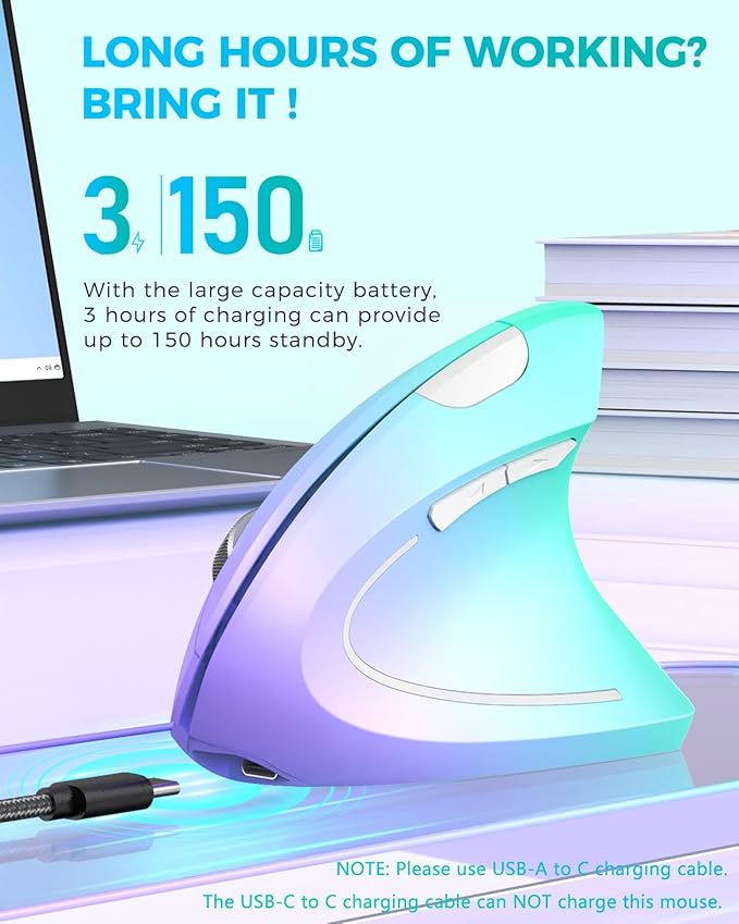 Lekvey Ergonomic Mouse, Vertical Wireless Mouse, Rechargeable 2.4G Optical Carpal Tunnel Mice: 800/1200 / 1600 DPI, 6 Buttons, for Laptop, PC, Mac, Computer, Desktop, Notebook etc, Green Purple | Mice - TrueDesk