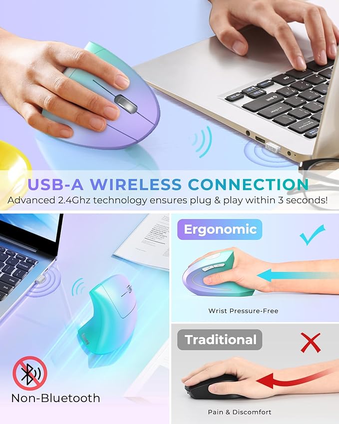 Lekvey Ergonomic Mouse, Vertical Wireless Mouse, Rechargeable 2.4G Optical Carpal Tunnel Mice: 800/1200 / 1600 DPI, 6 Buttons, for Laptop, PC, Mac, Computer, Desktop, Notebook etc, Green Purple | Mice - TrueDesk