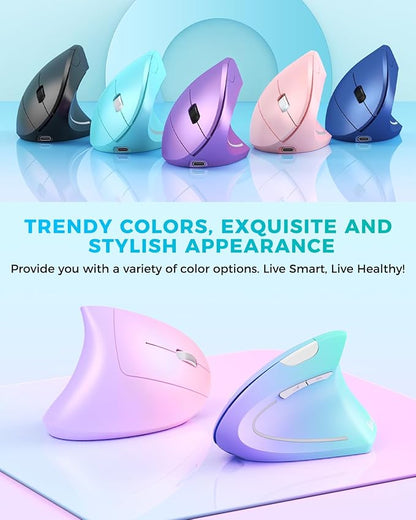 Lekvey Ergonomic Mouse, Vertical Wireless Mouse, Rechargeable 2.4G Optical Carpal Tunnel Mice: 800/1200 / 1600 DPI, 6 Buttons, for Laptop, PC, Mac, Computer, Desktop, Notebook etc, Green Purple | Mice - TrueDesk