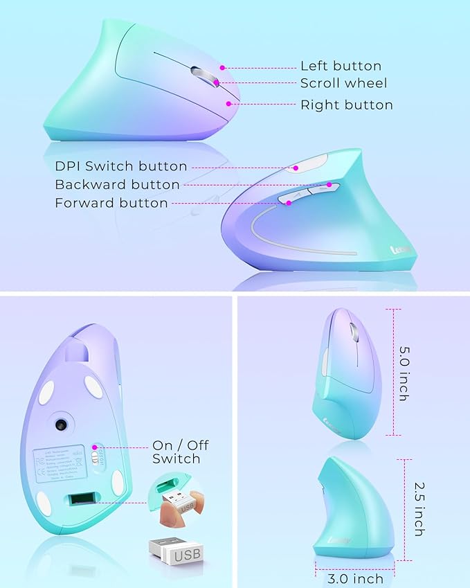 Lekvey Ergonomic Mouse, Vertical Wireless Mouse, Rechargeable 2.4G Optical Carpal Tunnel Mice: 800/1200 / 1600 DPI, 6 Buttons, for Laptop, PC, Mac, Computer, Desktop, Notebook etc, Green Purple | Mice - TrueDesk