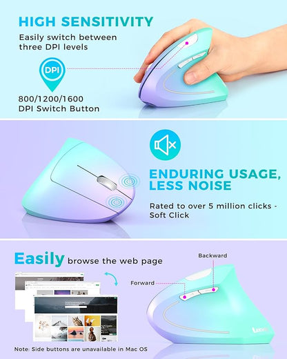 Lekvey Ergonomic Mouse, Vertical Wireless Mouse, Rechargeable 2.4G Optical Carpal Tunnel Mice: 800/1200 / 1600 DPI, 6 Buttons, for Laptop, PC, Mac, Computer, Desktop, Notebook etc, Green Purple | Mice - TrueDesk