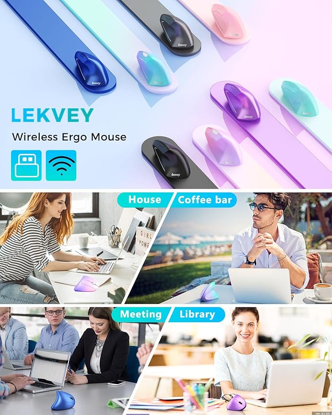 Lekvey Ergonomic Mouse, Vertical Wireless Mouse, Rechargeable 2.4G Optical Carpal Tunnel Mice: 800/1200 / 1600 DPI, 6 Buttons, for Laptop, PC, Mac, Computer, Desktop, Notebook etc, Green Purple | Mice - TrueDesk