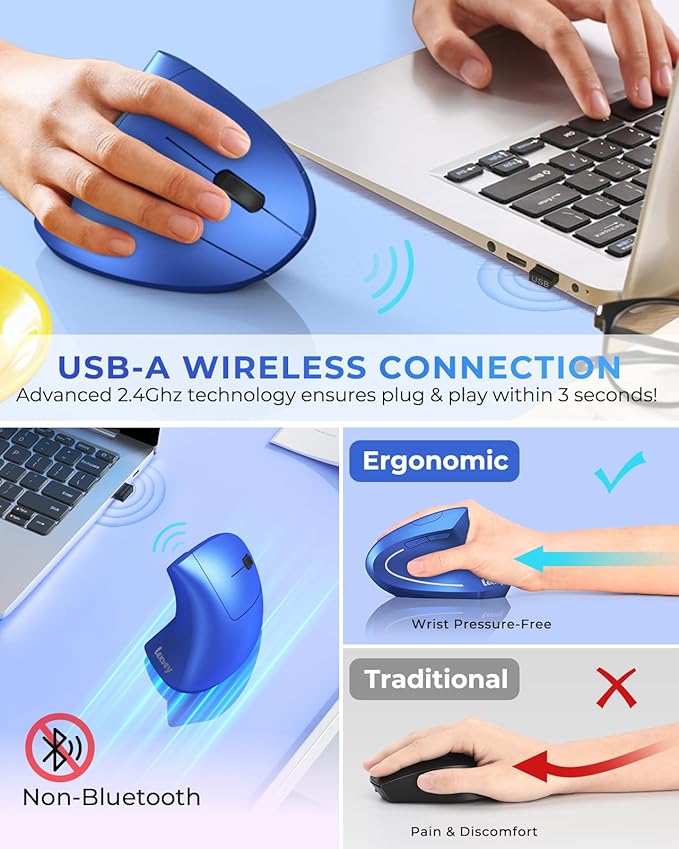 Lekvey Ergonomic Mouse, Vertical Wireless Mouse Rechargeable 2.4G USB Optical Carpal Tunnel Mice : 3 DPI 800/1200/1600 Levels 6 Buttons, for Laptop, PC, Mac, Computer, Desktop, Notebook etc, Blue | Mice - TrueDesk