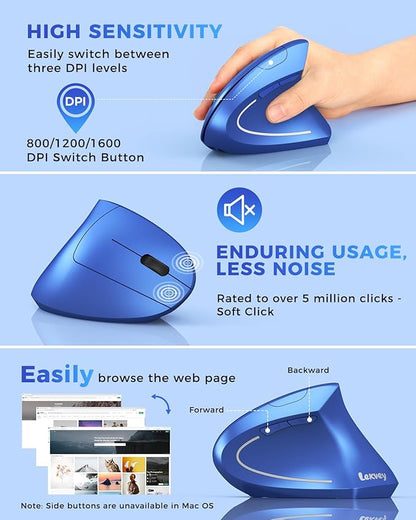 Lekvey Ergonomic Mouse, Vertical Wireless Mouse Rechargeable 2.4G USB Optical Carpal Tunnel Mice : 3 DPI 800/1200/1600 Levels 6 Buttons, for Laptop, PC, Mac, Computer, Desktop, Notebook etc, Blue | Mice - TrueDesk