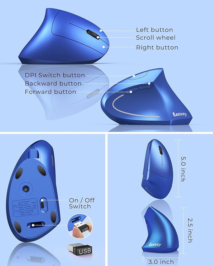 Lekvey Ergonomic Mouse, Vertical Wireless Mouse Rechargeable 2.4G USB Optical Carpal Tunnel Mice : 3 DPI 800/1200/1600 Levels 6 Buttons, for Laptop, PC, Mac, Computer, Desktop, Notebook etc, Blue | Mice - TrueDesk