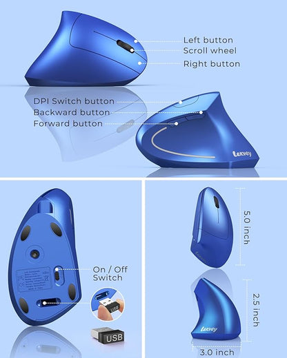 Lekvey Ergonomic Mouse, Vertical Wireless Mouse Rechargeable 2.4G USB Optical Carpal Tunnel Mice : 3 DPI 800/1200/1600 Levels 6 Buttons, for Laptop, PC, Mac, Computer, Desktop, Notebook etc, Blue | Mice - TrueDesk
