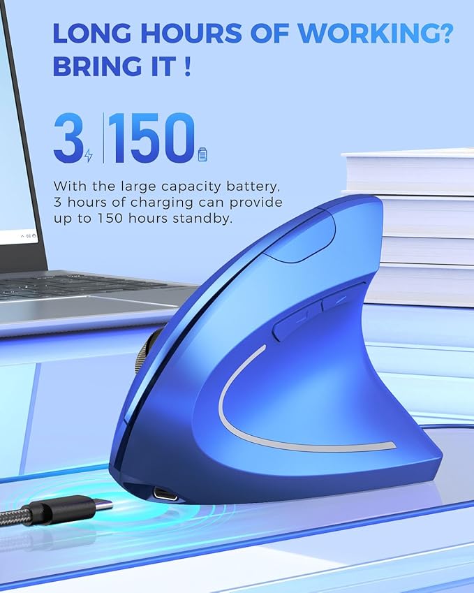 Lekvey Ergonomic Mouse, Vertical Wireless Mouse Rechargeable 2.4G USB Optical Carpal Tunnel Mice : 3 DPI 800/1200/1600 Levels 6 Buttons, for Laptop, PC, Mac, Computer, Desktop, Notebook etc, Blue | Mice - TrueDesk