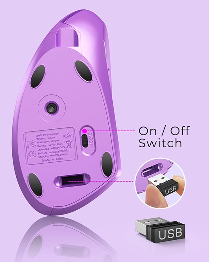 Lekvey Ergonomic Mouse, Wireless Vertical Mouse Rechargeable 2.4 GHz Optical Carpal Tunnel Mice : 800/1200 / 1600 DPI, 6 Buttons, for Laptop, PC, Mac, Computer, Desktop, Notebook etc, Purple | Mice - TrueDesk