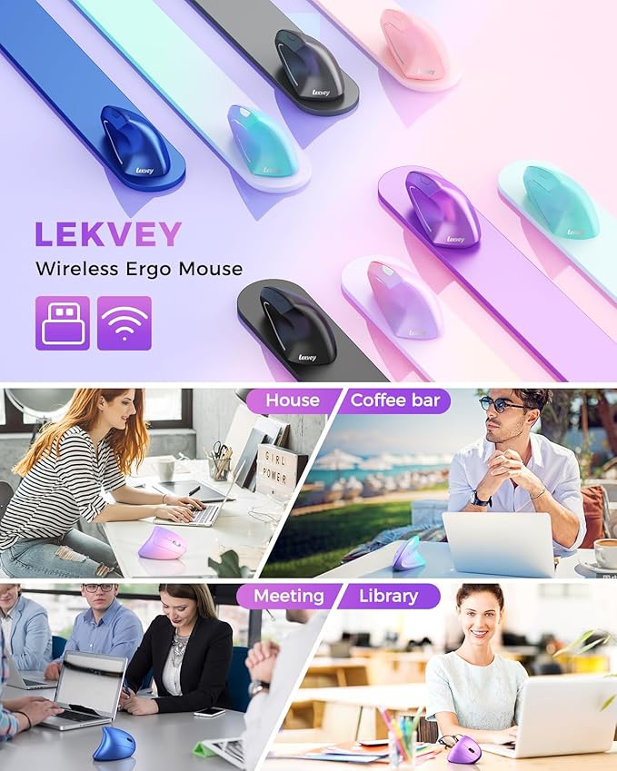 Lekvey Ergonomic Mouse, Wireless Vertical Mouse Rechargeable 2.4 GHz Optical Carpal Tunnel Mice : 800/1200 / 1600 DPI, 6 Buttons, for Laptop, PC, Mac, Computer, Desktop, Notebook etc, Purple | Mice - TrueDesk